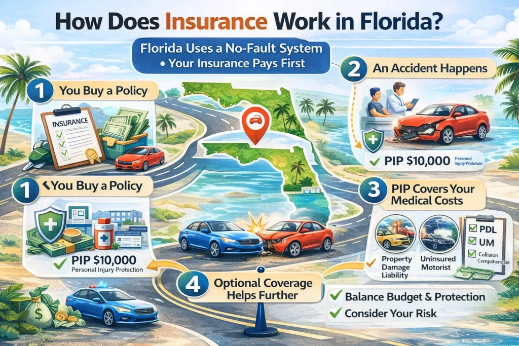 Colorful infographic explaining how insurance works in Florida, showing the no-fault system, Personal Injury Protection (PIP) coverage, accident steps, and optional insurance protections.