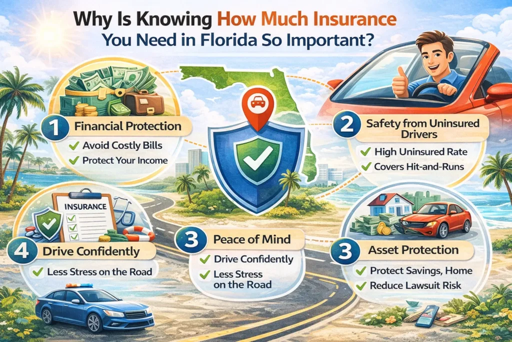 Infographic explaining why knowing how much car insurance you need in Florida is important, highlighting financial protection, uninsured driver coverage, asset protection, and peace of mind.
