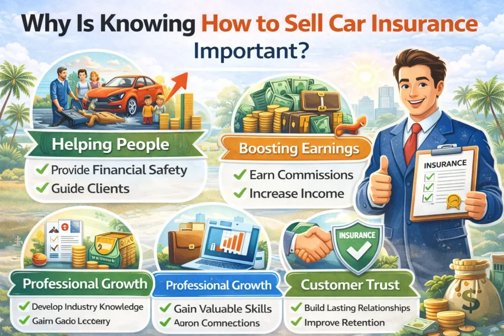 Infographic explaining why knowing how to sell car insurance is important, highlighting benefits like building client trust, understanding coverage, increasing sales, and staying compliant.
