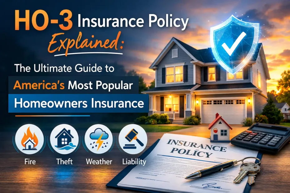 HO-3 insurance policy explained with modern suburban home, insurance policy document, calculator, keys, and icons showing fire, theft, weather, and liability coverage.