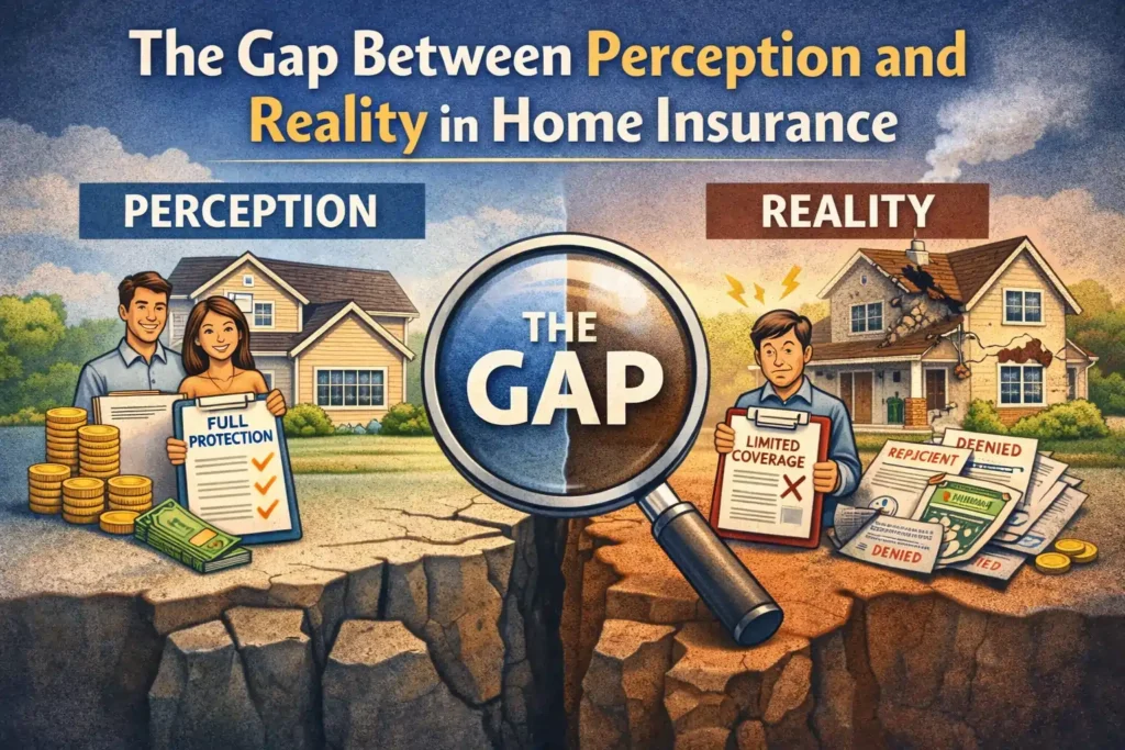 Infographic showing the gap between perception and reality in home insurance, with one side displaying full protection and a happy homeowner, and the other side showing limited coverage, claim denial papers, and a damaged house.