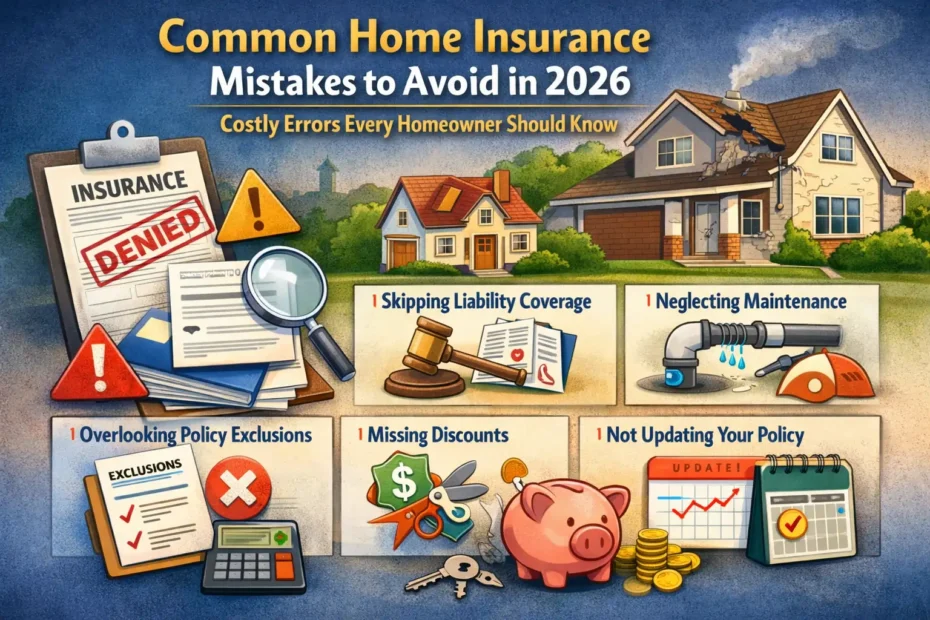 Infographic illustrating common home insurance mistakes in 2026, showing a homeowner reviewing policy documents with warning icons for underinsurance, high deductibles, missed coverage, and claim errors.