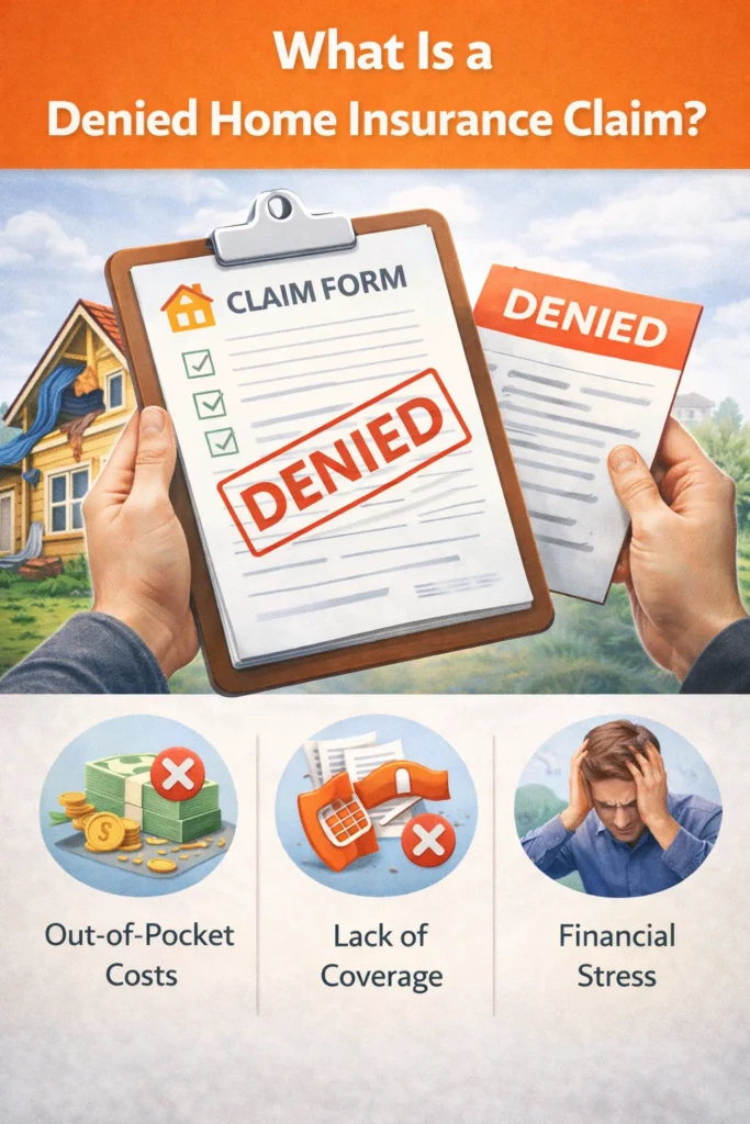 Illustration of a home insurance claim form stamped denied, with a damaged house in the background and icons showing out-of-pocket costs and financial stress