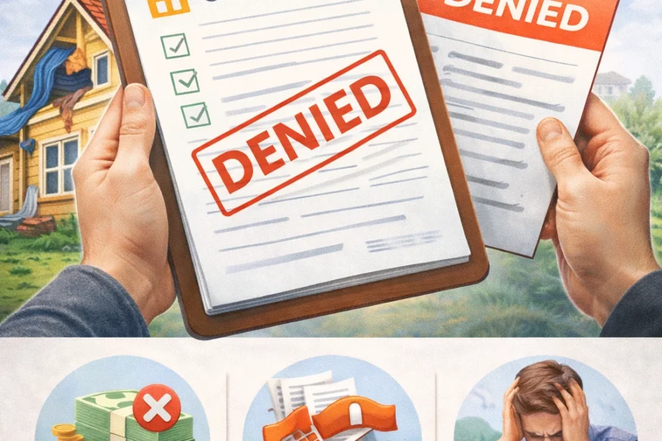 Illustration of a home insurance claim form stamped denied, with a damaged house in the background and icons showing out-of-pocket costs and financial stress