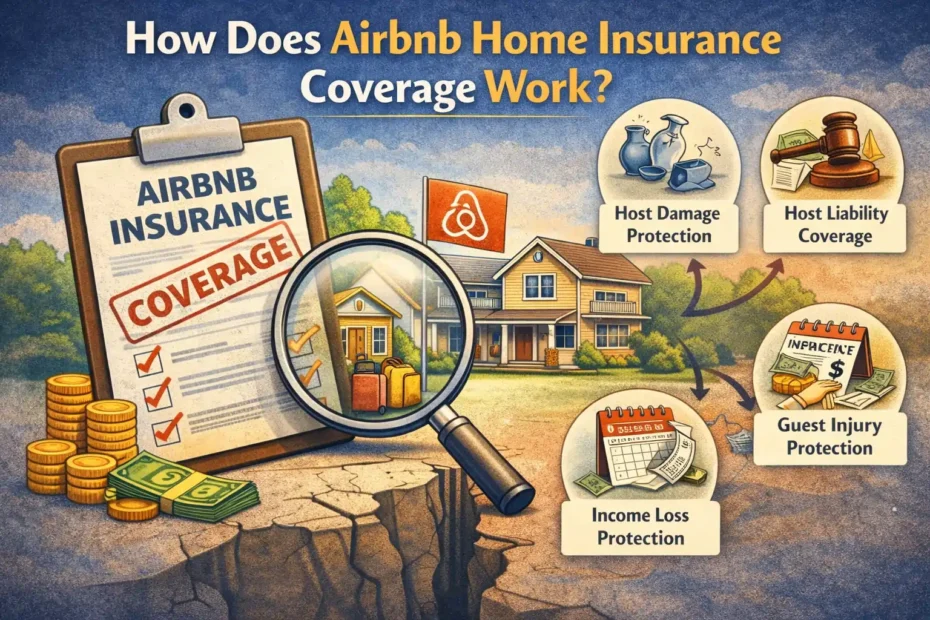 Infographic explaining how Airbnb home insurance coverage works, showing a rental property, Airbnb insurance document, and icons for host damage protection, liability coverage, guest injury protection, and income loss coverage.