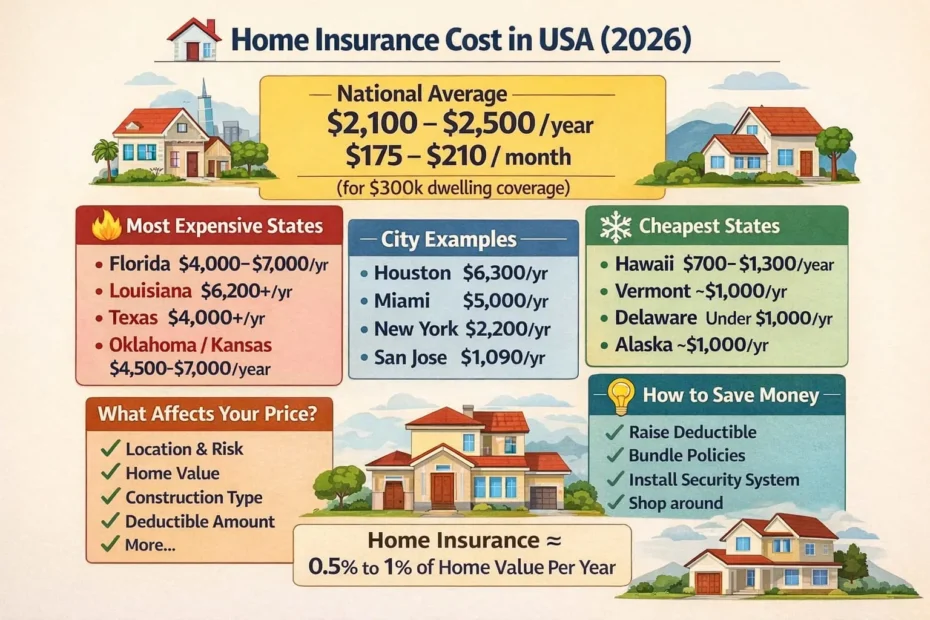 How much is home insurance infographic showing a suburban house, calculator, insurance policy documents, and dollar icons representing home insurance costs and factors affecting premiums.