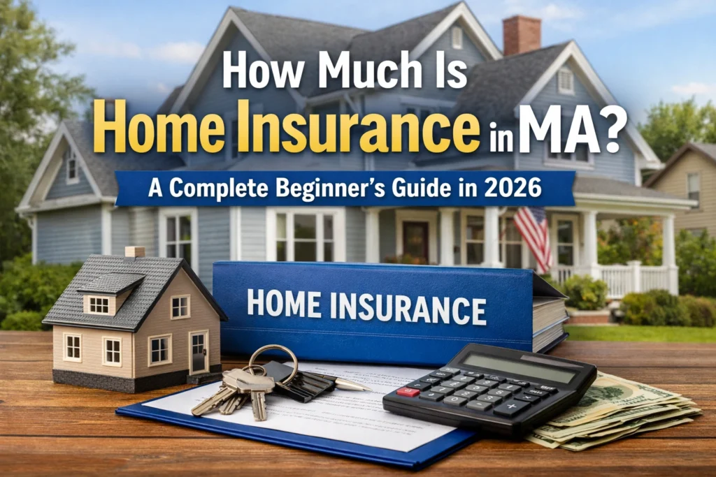 Home insurance cost in Massachusetts 2026 with New England house, insurance folder, calculator, and house model on desk