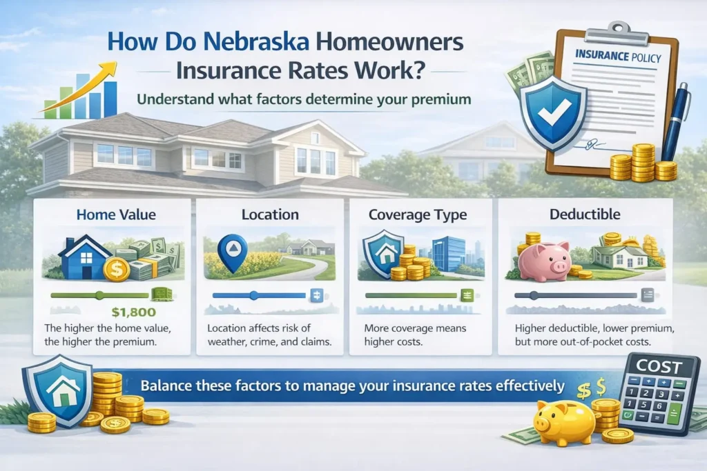 Infographic showing how Nebraska homeowners insurance rates work, featuring a suburban home, insurance policy document, calculator, dollar icons, and charts illustrating factors like home value, location, coverage type, deductible, and claims history.