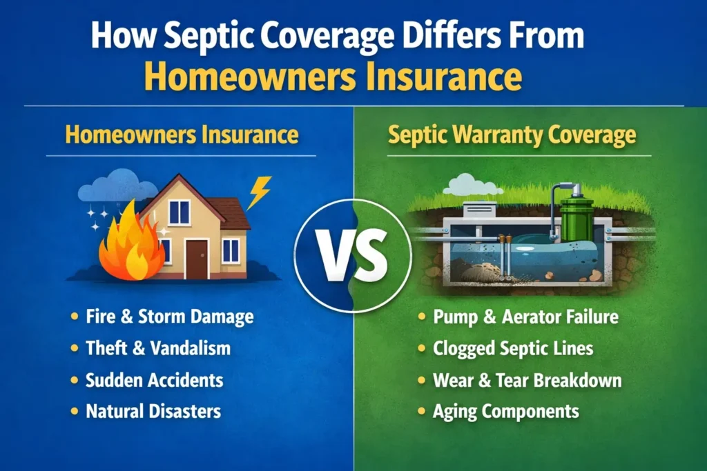 Infographic comparing septic warranty coverage and homeowners insurance, showing homeowners insurance covers fire, storms, theft, and accidents, while septic coverage includes pump failure, clogged lines, and wear and tear.
