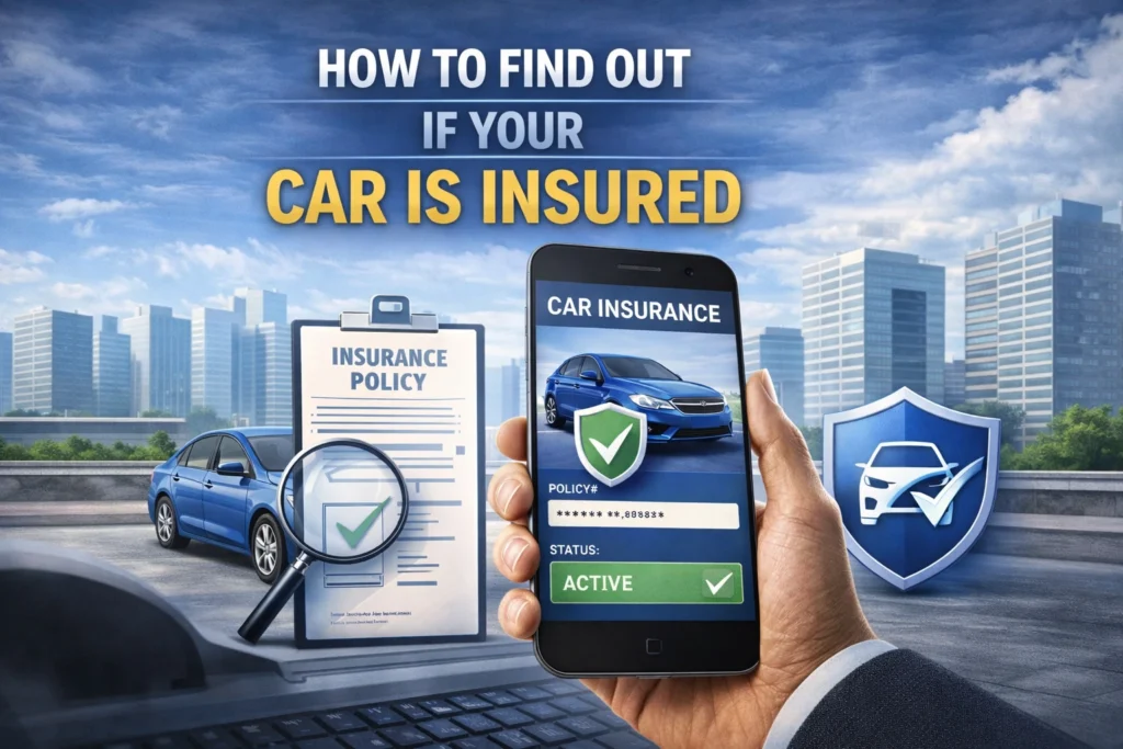 Professional infographic showing steps to find out if a car is insured, including checking policy documents, using a mobile app, and confirming active coverage on a smartphone.