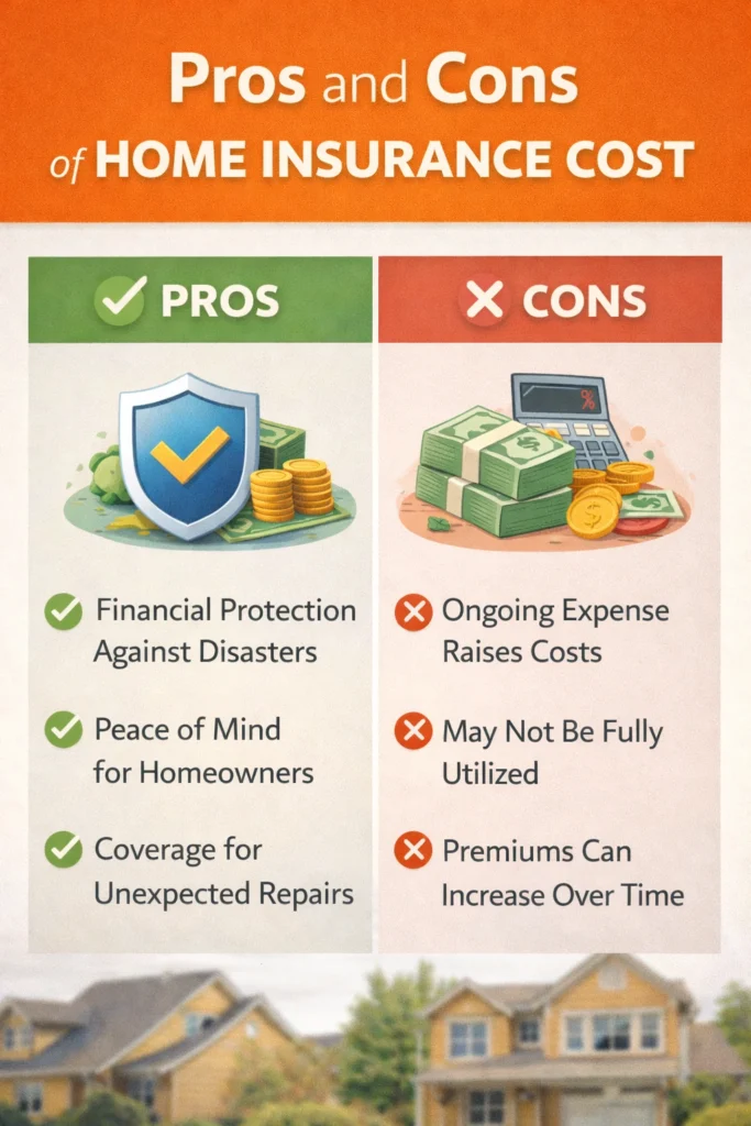 Infographic showing pros and cons of home insurance cost, including financial protection benefits and the drawback of ongoing premium expenses