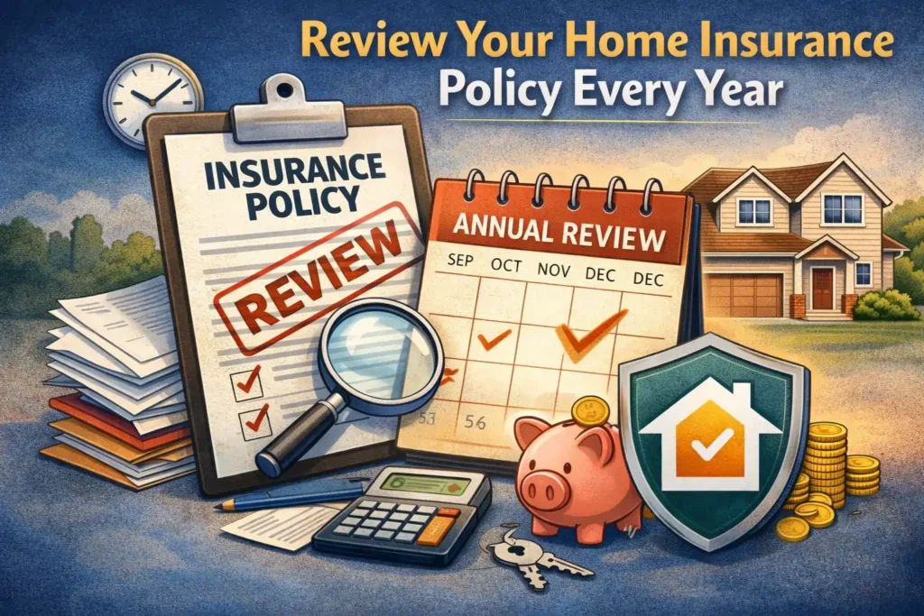 Infographic showing a homeowner reviewing a home insurance policy annually, featuring a clipboard with a review stamp, calendar marked annual review, calculator, piggy bank, house, and protection shield icon.