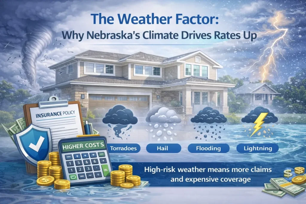Infographic showing how Nebraska's climate affects homeowners insurance rates, featuring a suburban home under hail, snow, tornado, and storm icons, with insurance policy documents, calculator, and dollar symbols.