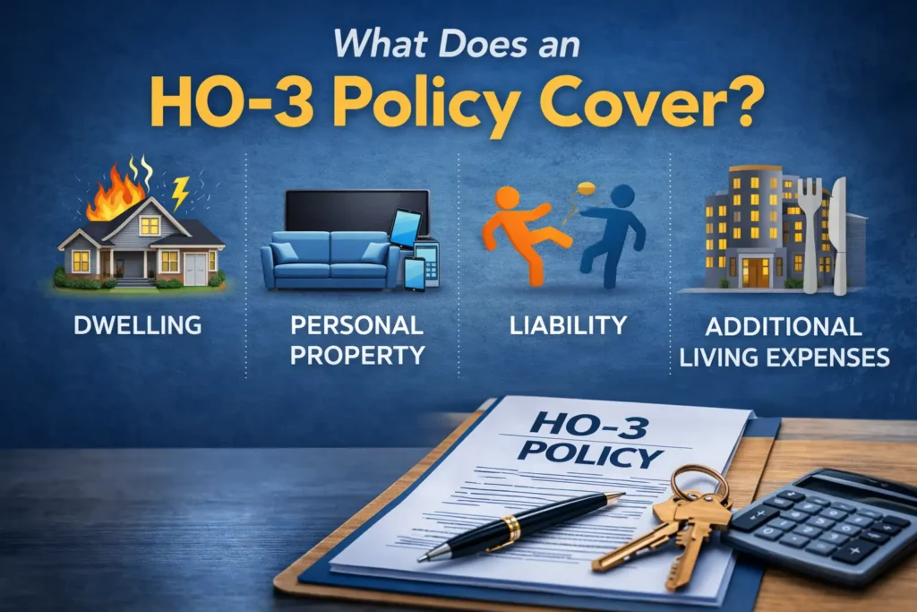 What does an HO-3 policy cover infographic showing dwelling coverage, personal property protection, liability coverage, and additional living expenses with insurance policy document, keys, and calculator.