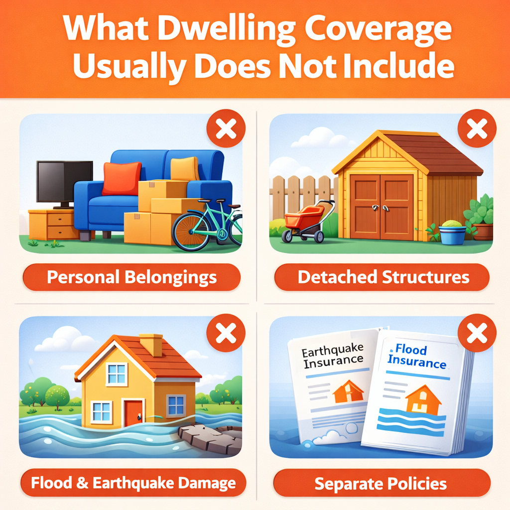 Infographic showing what dwelling coverage does not include, such as personal belongings, detached structures, flood damage, and earthquake insurance