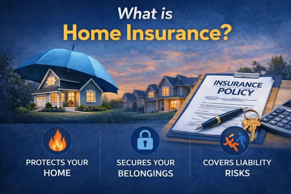 What is home insurance infographic showing a house protected by an umbrella, insurance policy document with keys and calculator, and icons for home protection, belongings coverage, and liability risks.