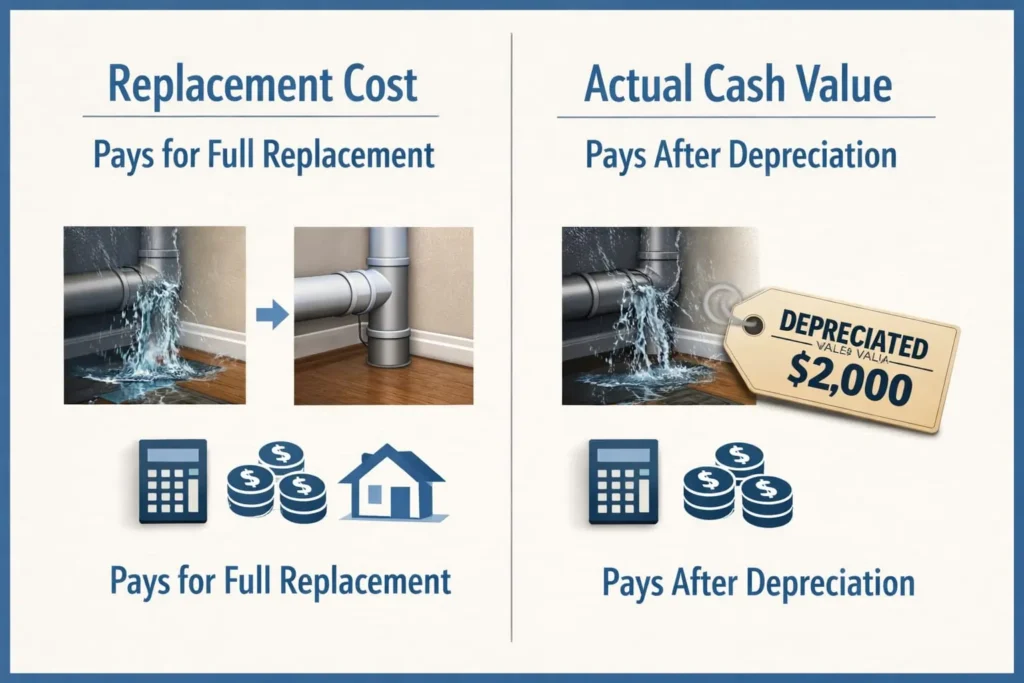 Homeowners insurance comparison showing replacement cost vs actual cash value payout difference with depreciation deducted and full replacement payment example