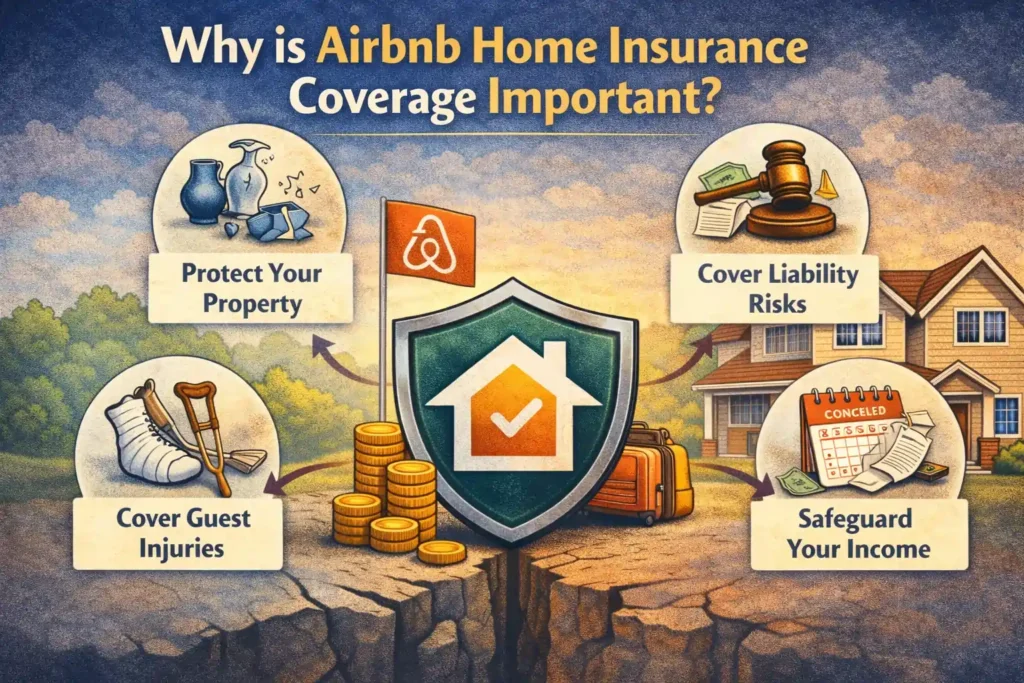 Infographic showing why Airbnb home insurance coverage is important, featuring a two-story Airbnb property with a protection shield icon and circular icons representing property protection, liability coverage, guest injury coverage, and income protection.