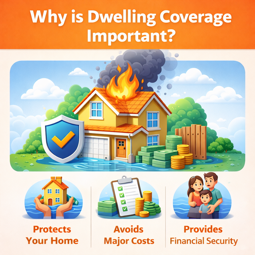 Infographic showing why dwelling coverage is important, featuring a house damaged by fire and flooding with symbols of financial protection and insurance coverage