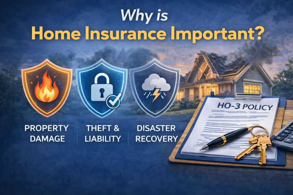Why is home insurance important infographic showing a damaged house, HO-3 policy document, house keys, and shields representing property damage, theft and liability, and disaster recovery coverage.