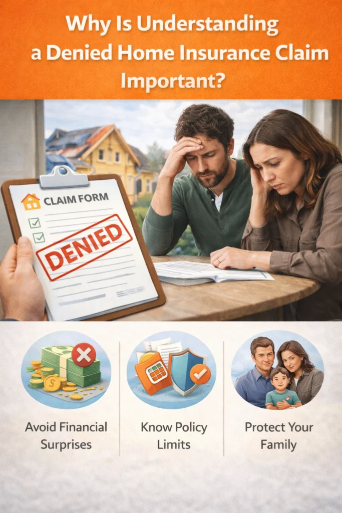 Stressed couple reviewing paperwork after a denied home insurance claim, with a claim form stamped denied and icons showing financial loss, policy limits, and family protection