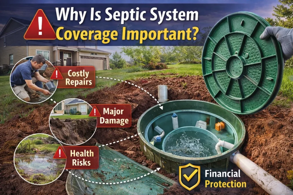 Diagram of a home with a septic system showing pipes, tank, and drainage field.