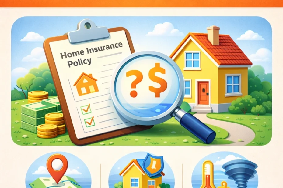Illustration explaining home insurance cost with a house, insurance policy clipboard, magnifying glass over dollar sign, and icons for location, home features, and risks
