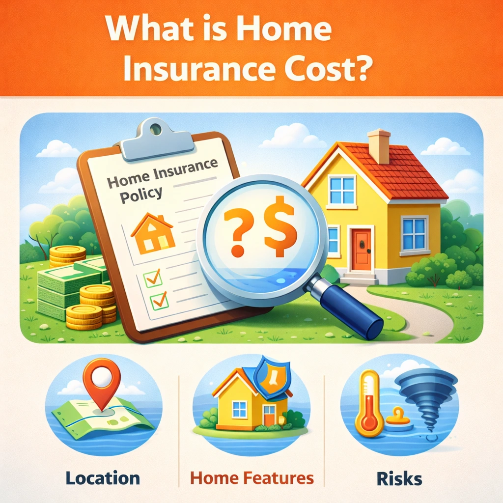 Illustration explaining home insurance cost with a house, insurance policy clipboard, magnifying glass over dollar sign, and icons for location, home features, and risks