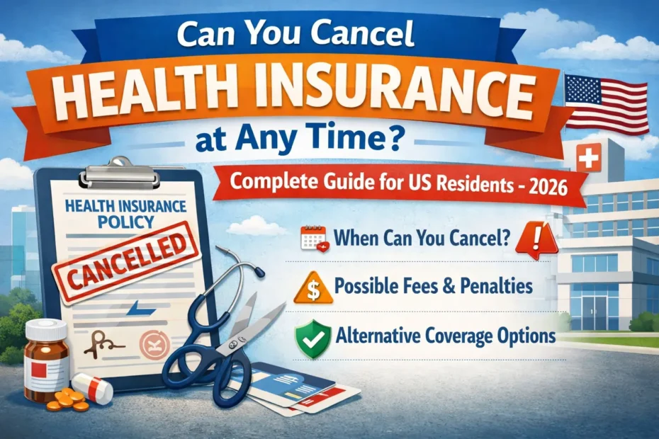 Can you cancel health insurance at any time in the United States – visual guide showing canceled health insurance policy and healthcare symbols