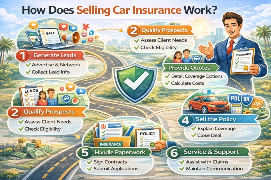Infographic showing the step-by-step process of selling car insurance including lead generation, qualifying prospects, providing quotes, selling policies, handling paperwork, and customer support.