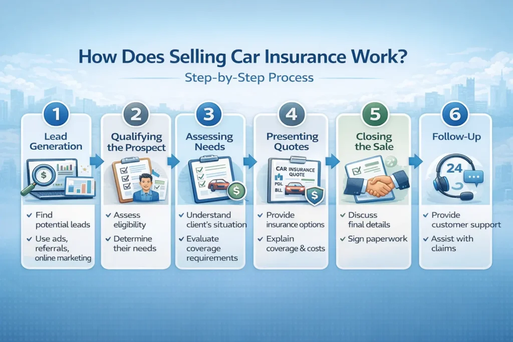 Infographic explaining how selling car insurance works, showing steps like lead generation, assessing customer needs, presenting quotes, closing the sale, and providing follow-up support.
