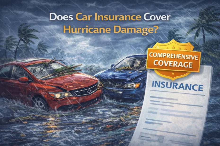 Infographic showing two damaged cars in floodwater during a hurricane with strong winds and debris, alongside an insurance document labeled “Comprehensive Coverage,” illustrating whether car insurance covers hurricane damage.