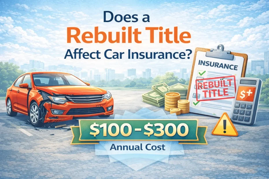 Infographic showing a damaged car with a rebuilt title label and insurance documents, explaining how a rebuilt title can affect car insurance costs and coverage options.
