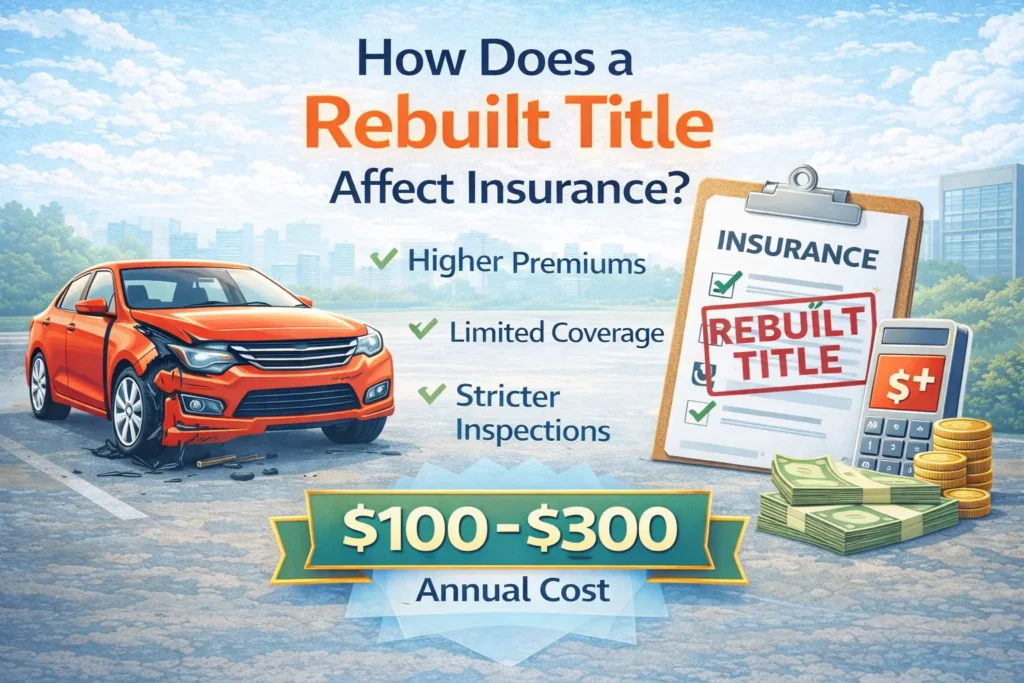 Infographic explaining how a rebuilt title affects car insurance, showing a repaired vehicle, insurance paperwork labeled rebuilt title, and symbols representing higher premiums and limited coverage.