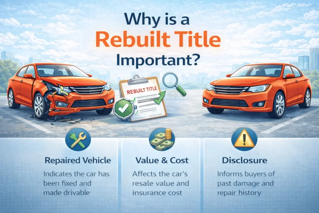 Infographic explaining why a rebuilt title is important, featuring a repaired car, a title document labeled rebuilt, and icons representing safety, resale value, and insurance considerations.