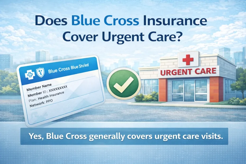 Infographic showing a Blue Cross Blue Shield insurance card next to an urgent care clinic with a green checkmark, explaining that Blue Cross insurance typically covers urgent care visits.