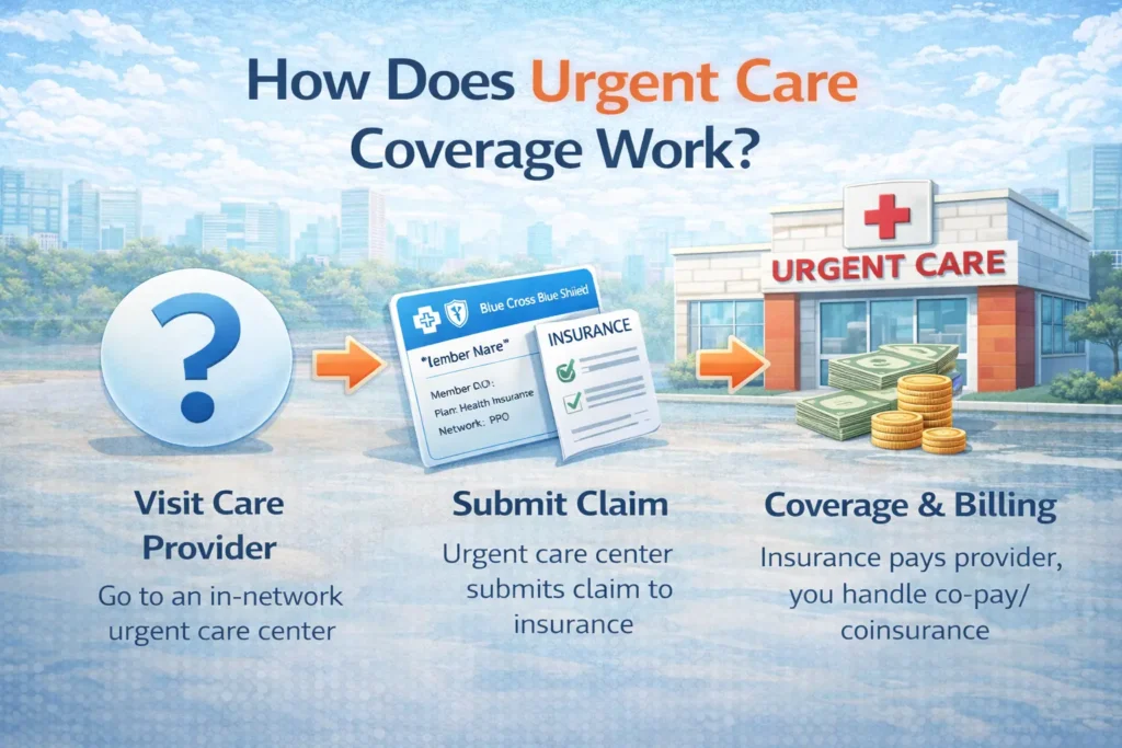 Infographic explaining how urgent care coverage works, showing steps including visiting an urgent care provider, submitting an insurance claim, and insurance coverage with copay or coinsurance.