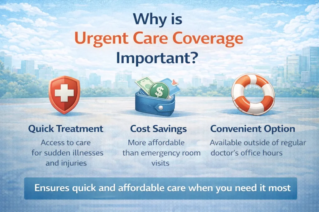 Infographic explaining why urgent care coverage is important, highlighting quick treatment, lower medical costs compared to emergency rooms, and convenient access to healthcare services.