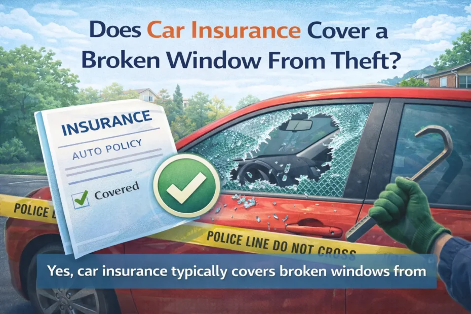 Broken car window after theft with auto insurance policy document showing coverage approval.
