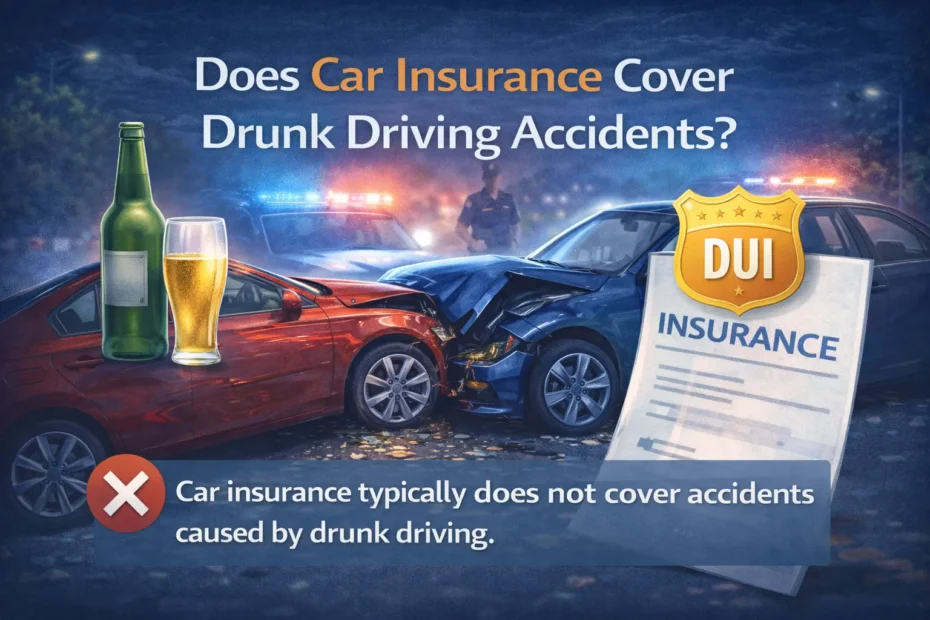 Infographic showing a car crash caused by drunk driving with police lights and an insurance policy indicating limited or no coverage.