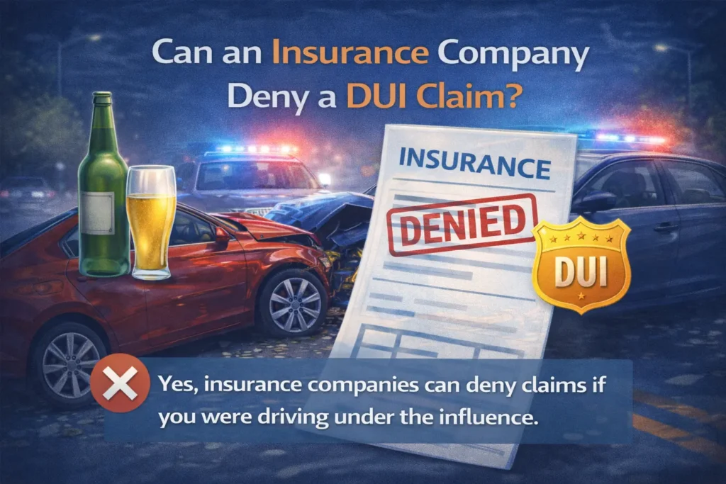 Infographic showing a DUI-related car accident scene with an insurance document stamped denied and police lights in the background.