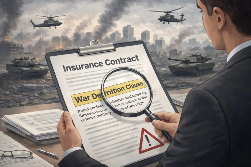Illustration showing an insurance policy document highlighting the war definition clause with symbolic conflict elements in the background.