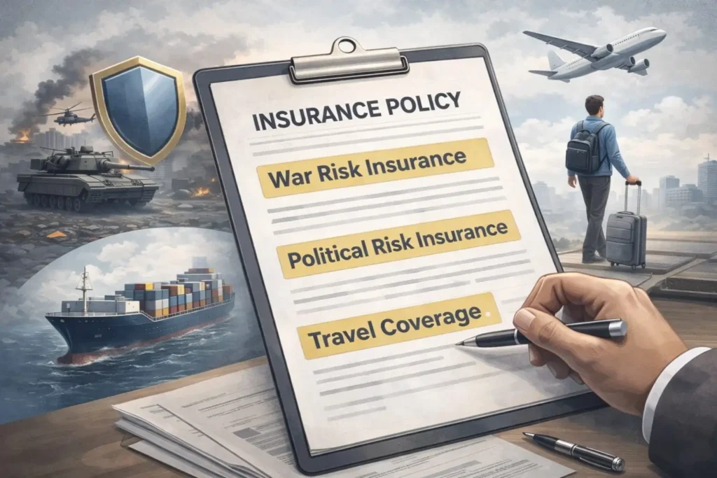 Illustration showing specialized insurance coverage options including war risk insurance for shipping and aviation, political risk insurance for businesses, and travel insurance protection.