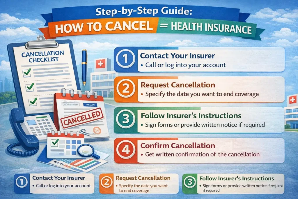 Step-by-step guide showing how to cancel health insurance in the United States with steps like contacting the insurer, requesting cancellation, following instructions, and confirming cancellation.