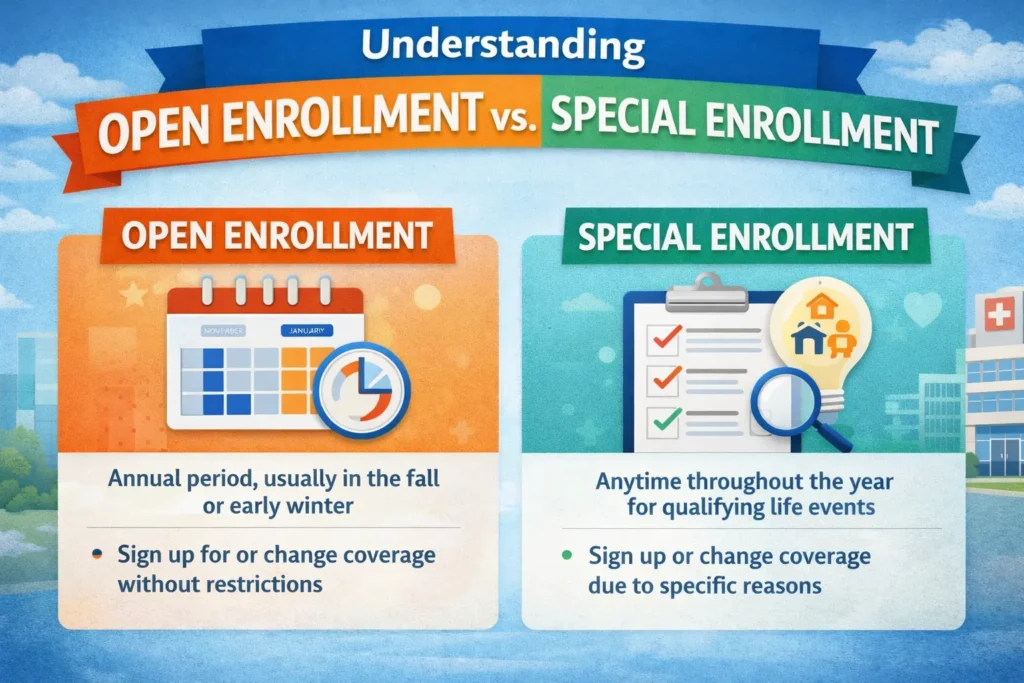 Open Enrollment vs Special Enrollment infographic explaining the difference between annual health insurance enrollment period and special enrollment for qualifying life events in the United States