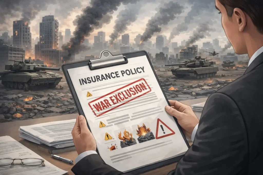 Illustration showing why insurance companies exclude war damage from policies, featuring a damaged city and an insurance document with a war exclusion stamp.