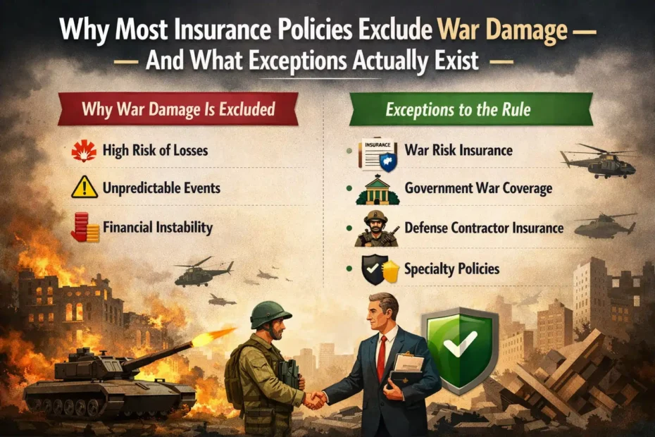 Infographic explaining why most insurance policies exclude war damage and showing the limited exceptions such as terrorism insurance, political risk insurance, and war risk coverage.